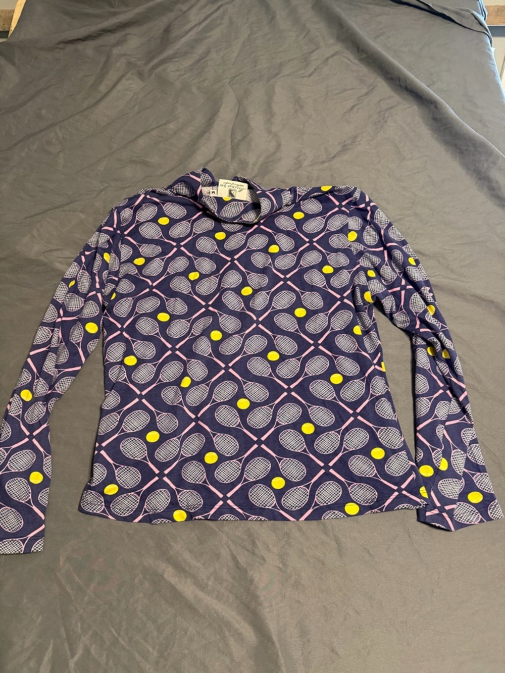 Long Sleeve Women's Tennis-Print Tee in Navy and Yellow - Picture 2 of 3